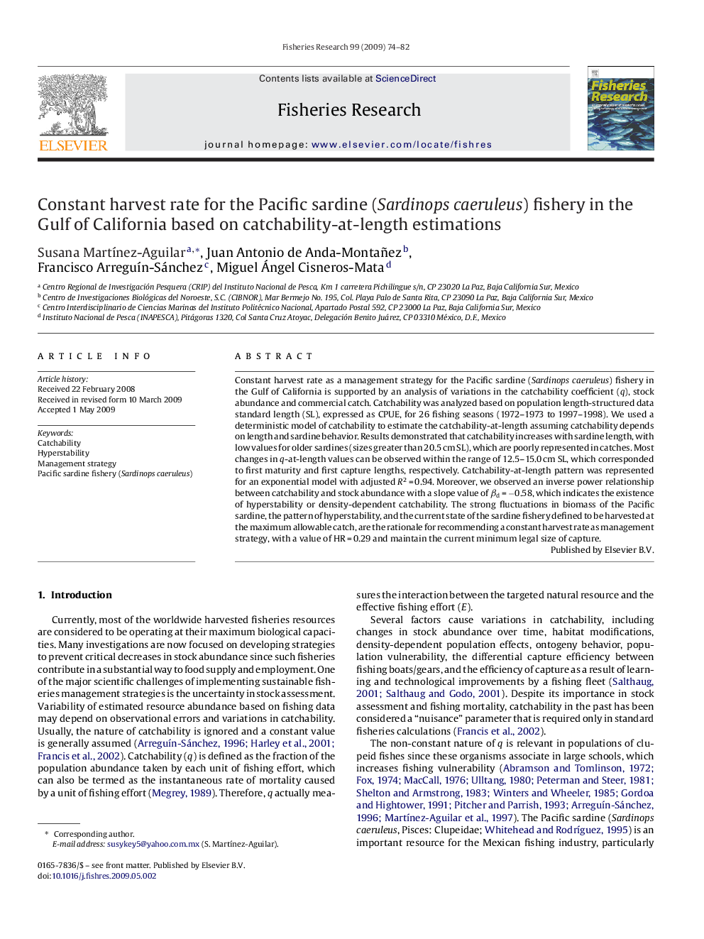 Constant harvest rate for the Pacific sardine (Sardinops caeruleus) fishery in the Gulf of California based on catchability-at-length estimations