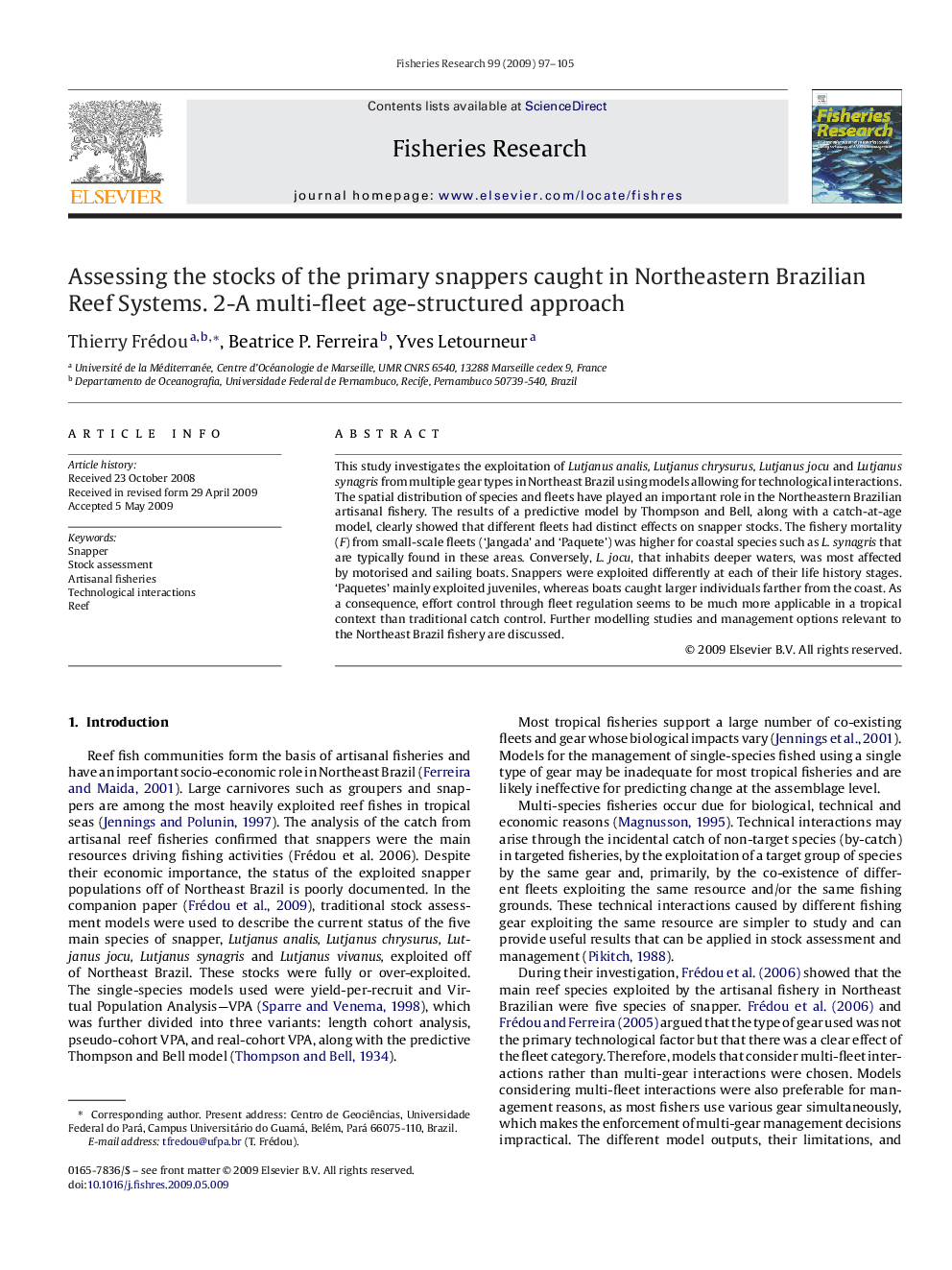 Assessing the stocks of the primary snappers caught in Northeastern Brazilian Reef Systems. 2-A multi-fleet age-structured approach