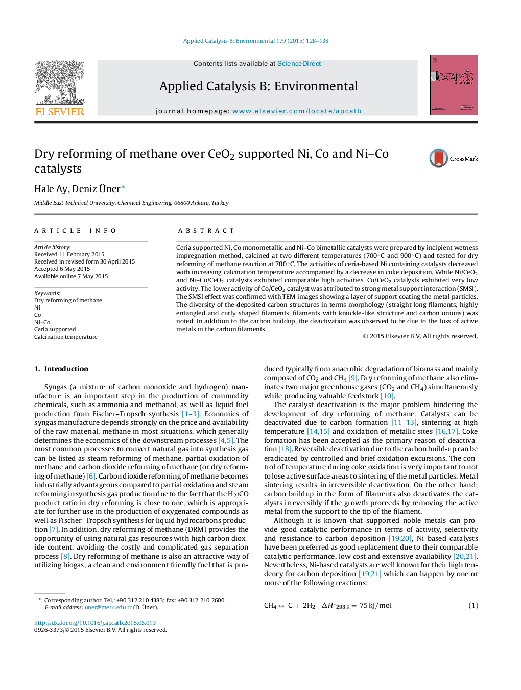 Dry reforming of methane over CeO2 supported Ni, Co and Ni–Co catalysts