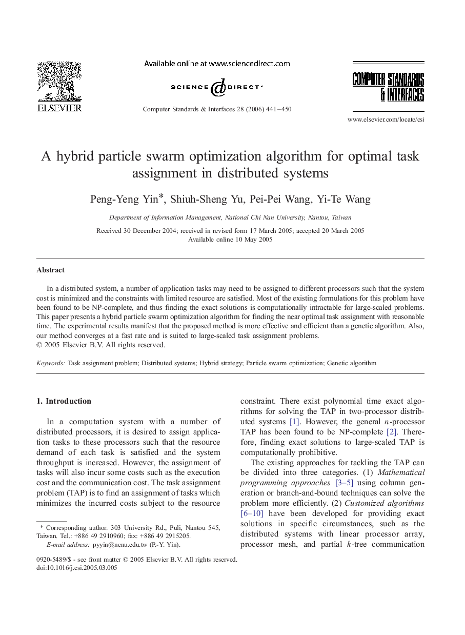 A hybrid particle swarm optimization algorithm for optimal task assignment in distributed systems