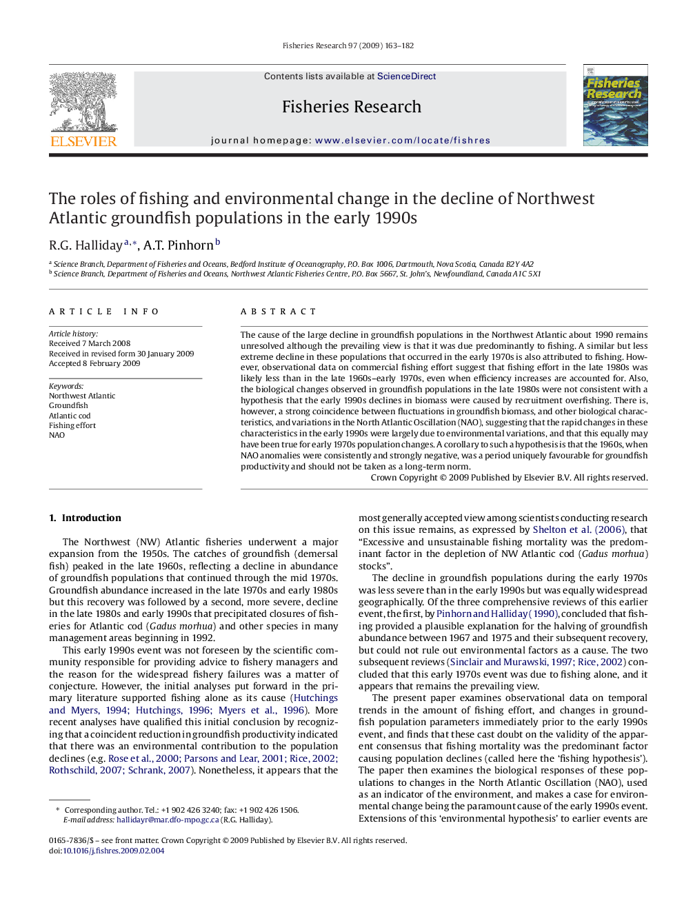 The roles of fishing and environmental change in the decline of Northwest Atlantic groundfish populations in the early 1990s