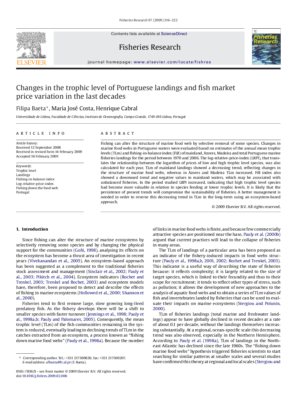 Changes in the trophic level of Portuguese landings and fish market price variation in the last decades