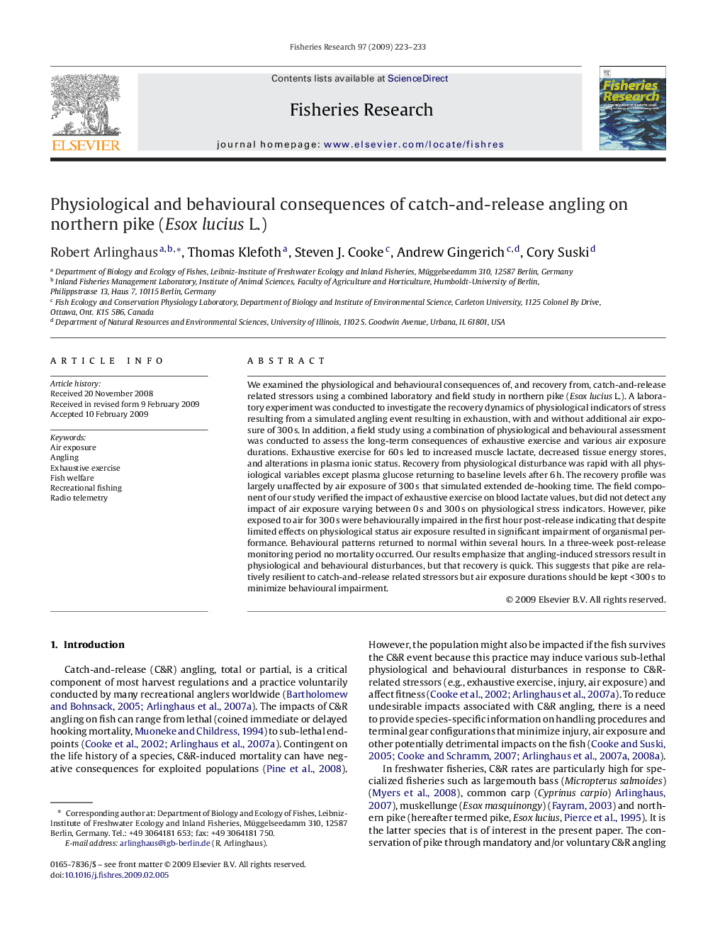 Physiological and behavioural consequences of catch-and-release angling on northern pike (Esox lucius L.)