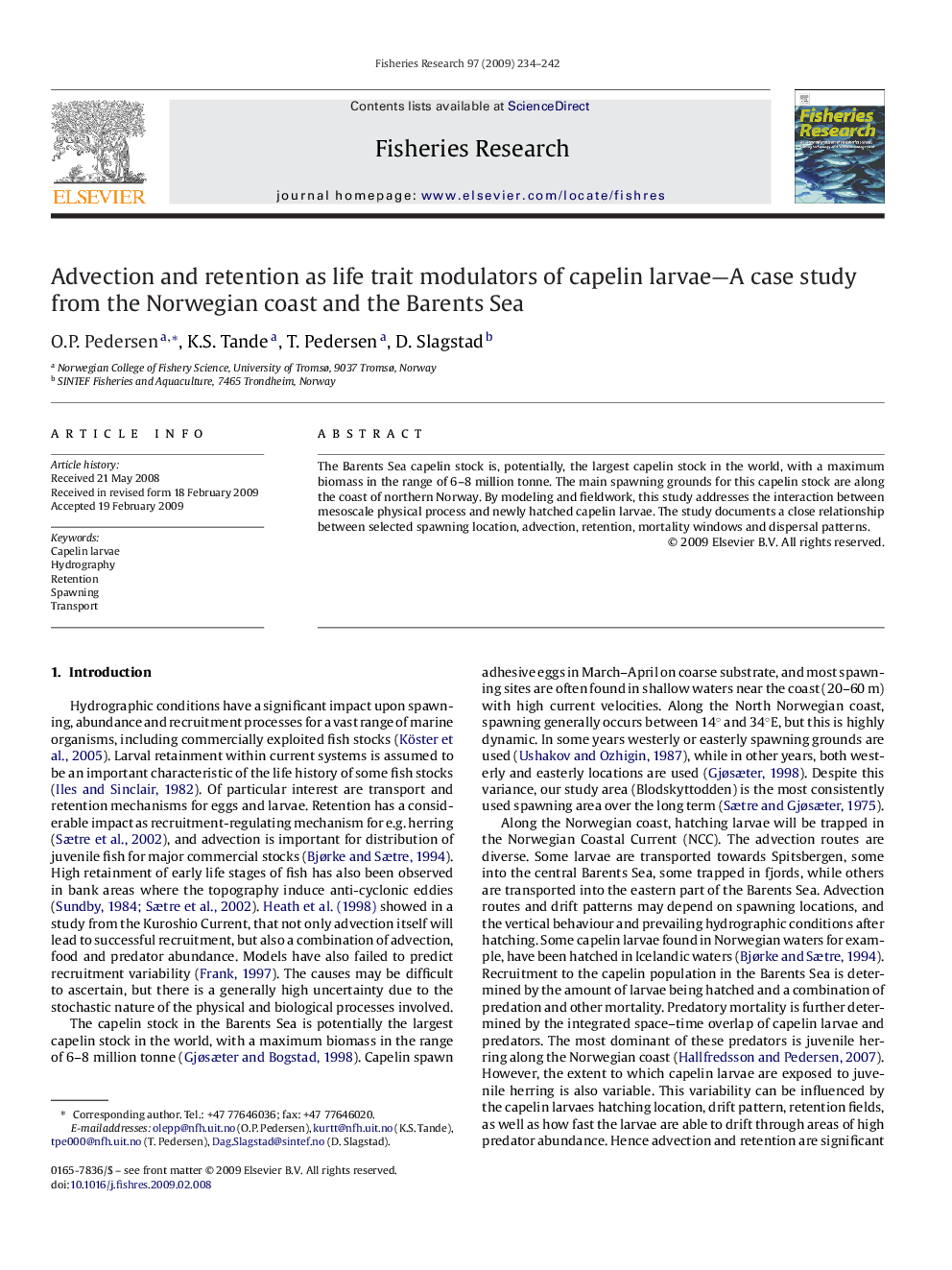 Advection and retention as life trait modulators of capelin larvae—A case study from the Norwegian coast and the Barents Sea