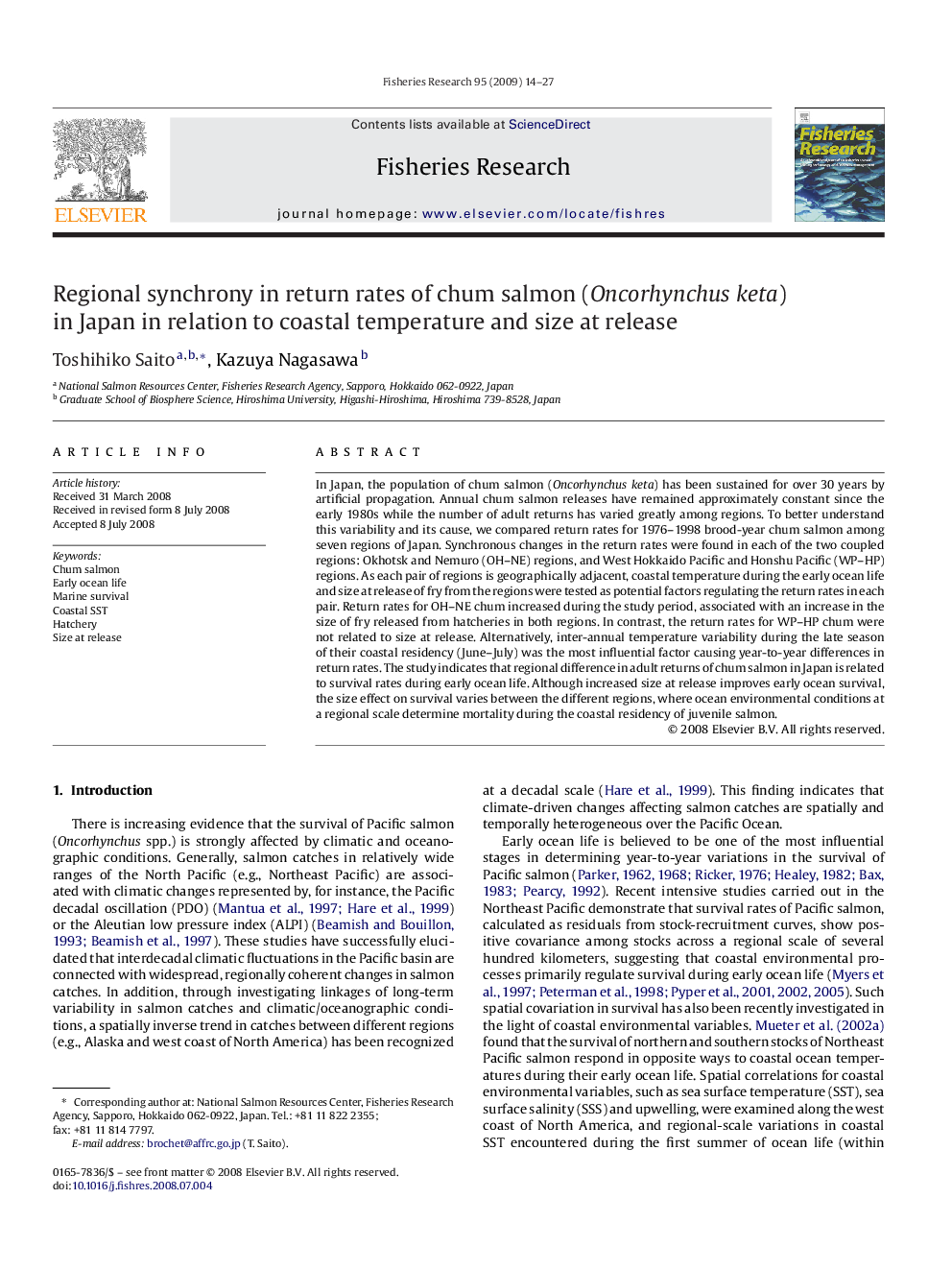 Regional synchrony in return rates of chum salmon (Oncorhynchus keta) in Japan in relation to coastal temperature and size at release