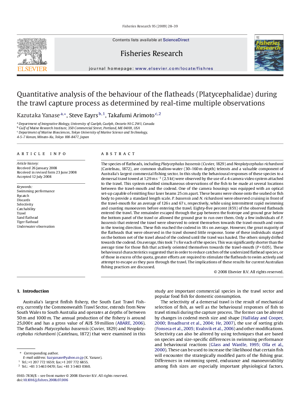 Quantitative analysis of the behaviour of the flatheads (Platycephalidae) during the trawl capture process as determined by real-time multiple observations