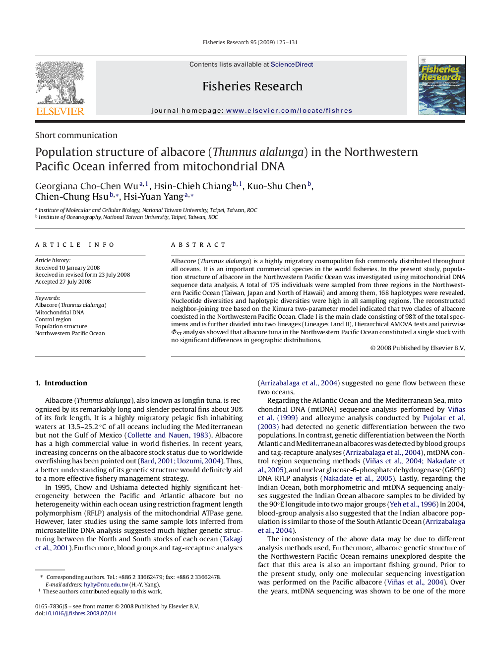 Population structure of albacore (Thunnus alalunga) in the Northwestern Pacific Ocean inferred from mitochondrial DNA