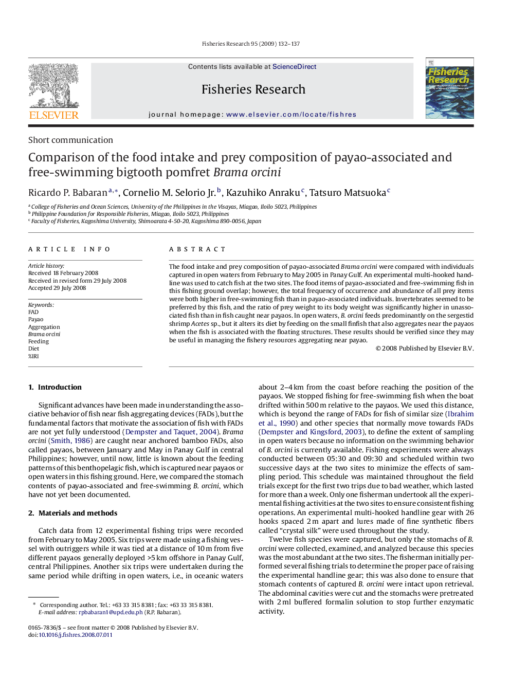 Comparison of the food intake and prey composition of payao-associated and free-swimming bigtooth pomfret Brama orcini