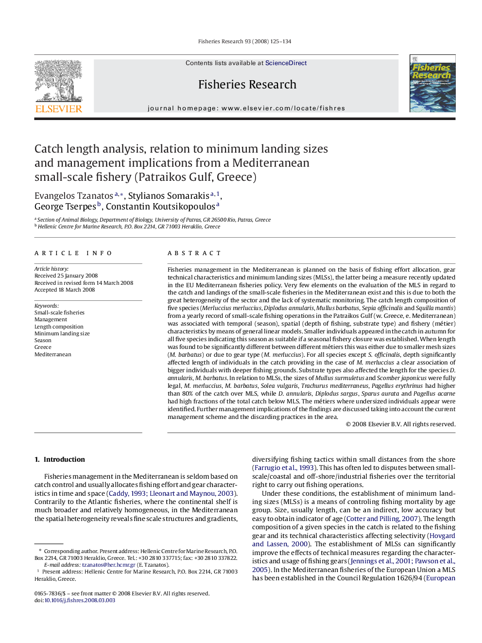 Catch length analysis, relation to minimum landing sizes and management implications from a Mediterranean small-scale fishery (Patraikos Gulf, Greece)