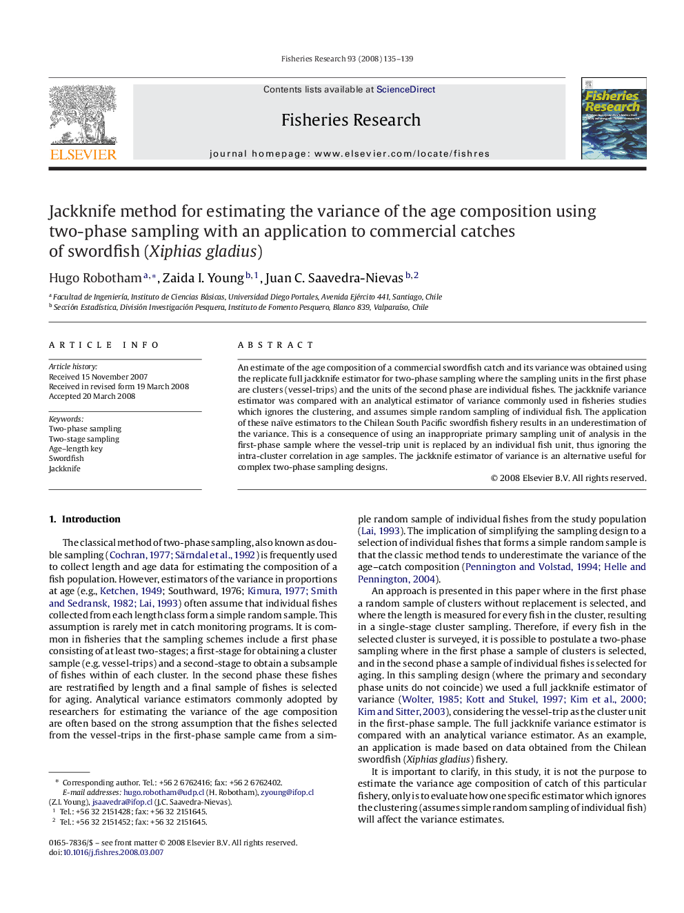 Jackknife method for estimating the variance of the age composition using two-phase sampling with an application to commercial catches of swordfish (Xiphias gladius)