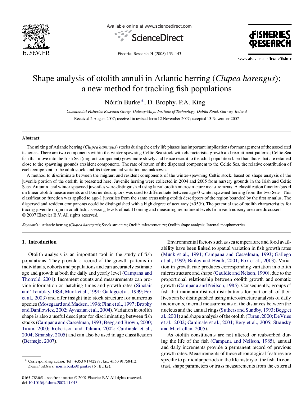 Shape analysis of otolith annuli in Atlantic herring (Clupea harengus); a new method for tracking fish populations