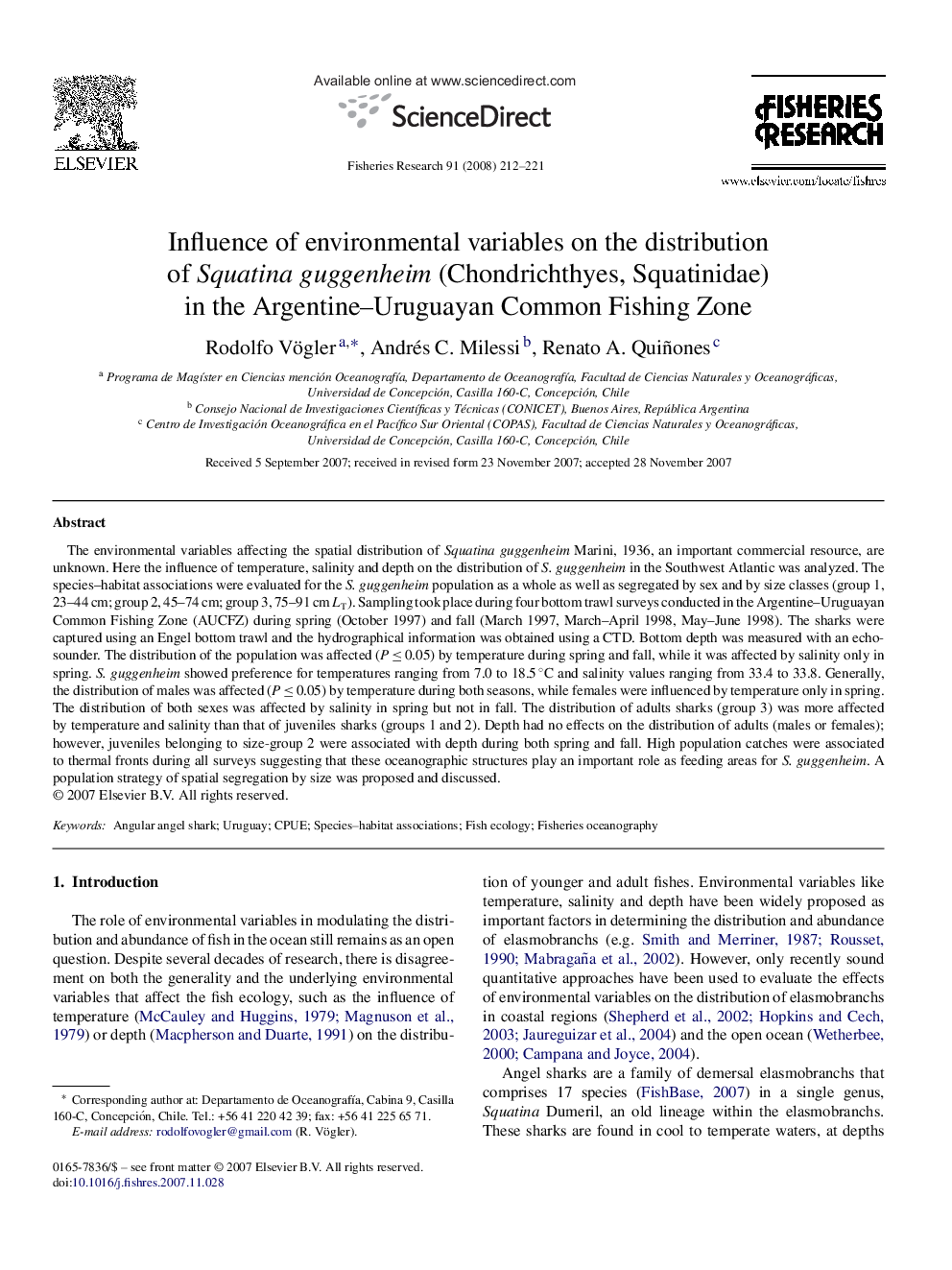 Influence of environmental variables on the distribution of Squatina guggenheim (Chondrichthyes, Squatinidae) in the Argentine–Uruguayan Common Fishing Zone