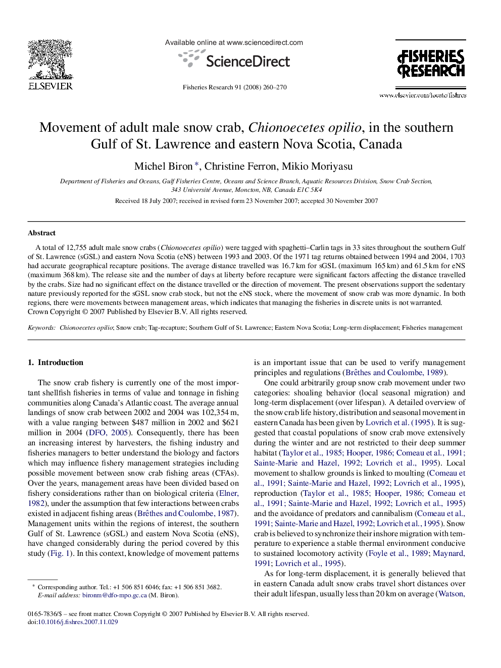 Movement of adult male snow crab, Chionoecetes opilio, in the southern Gulf of St. Lawrence and eastern Nova Scotia, Canada