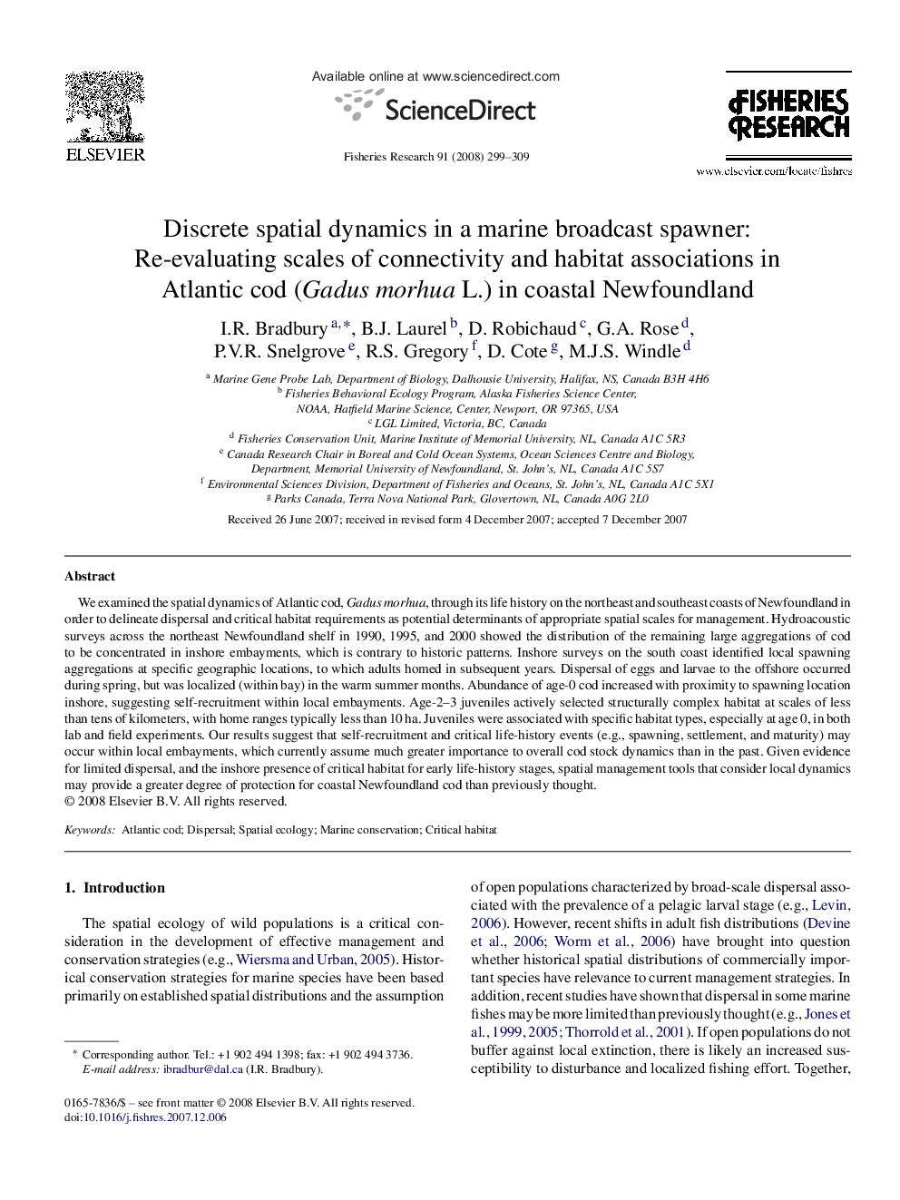 Discrete spatial dynamics in a marine broadcast spawner: Re-evaluating scales of connectivity and habitat associations in Atlantic cod (Gadus morhua L.) in coastal Newfoundland