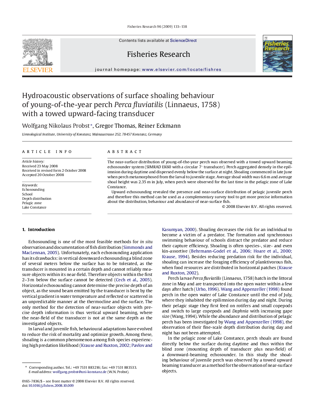 Hydroacoustic observations of surface shoaling behaviour of young-of-the-year perch Perca fluviatilis (Linnaeus, 1758) with a towed upward-facing transducer