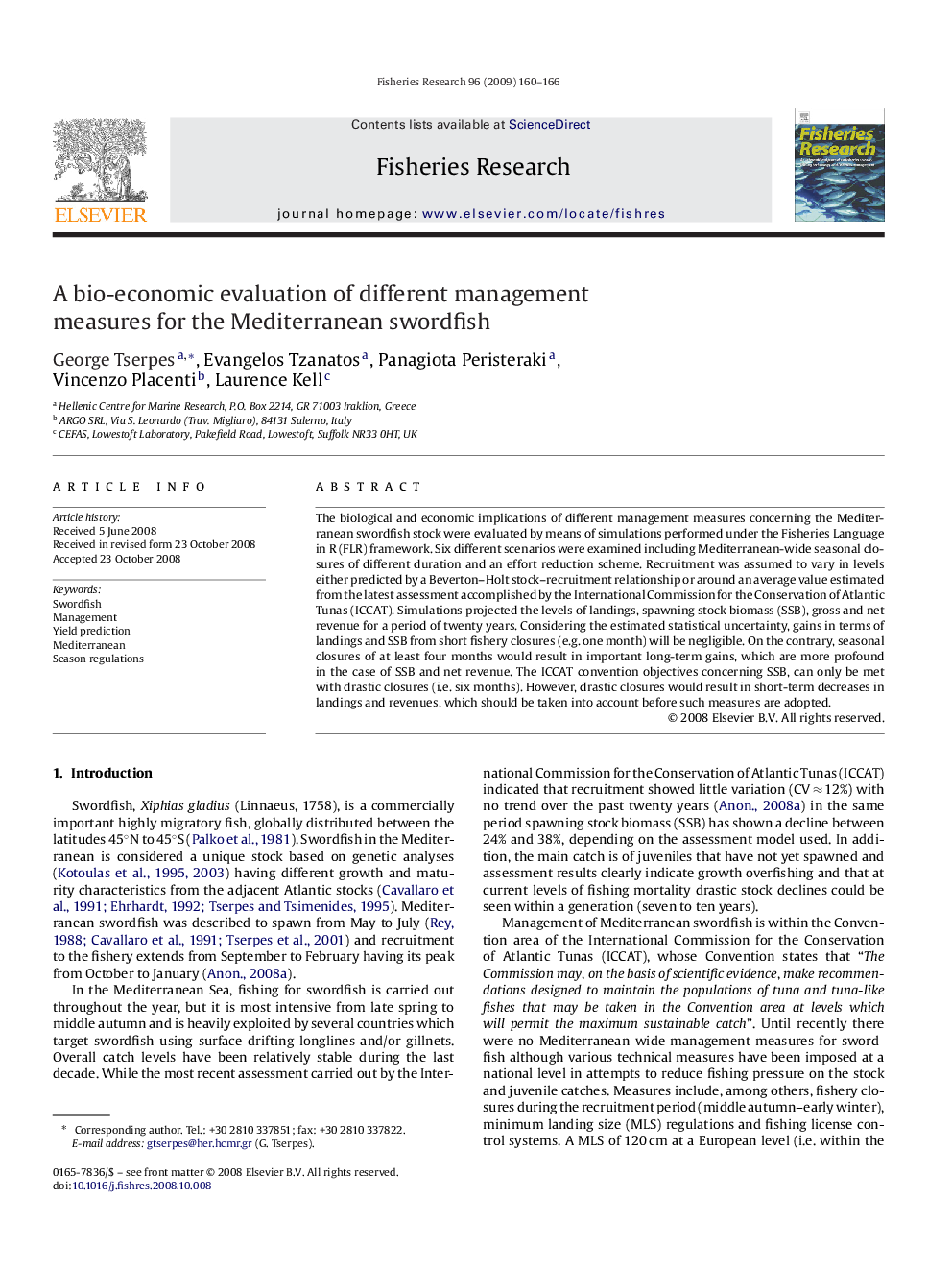 A bio-economic evaluation of different management measures for the Mediterranean swordfish