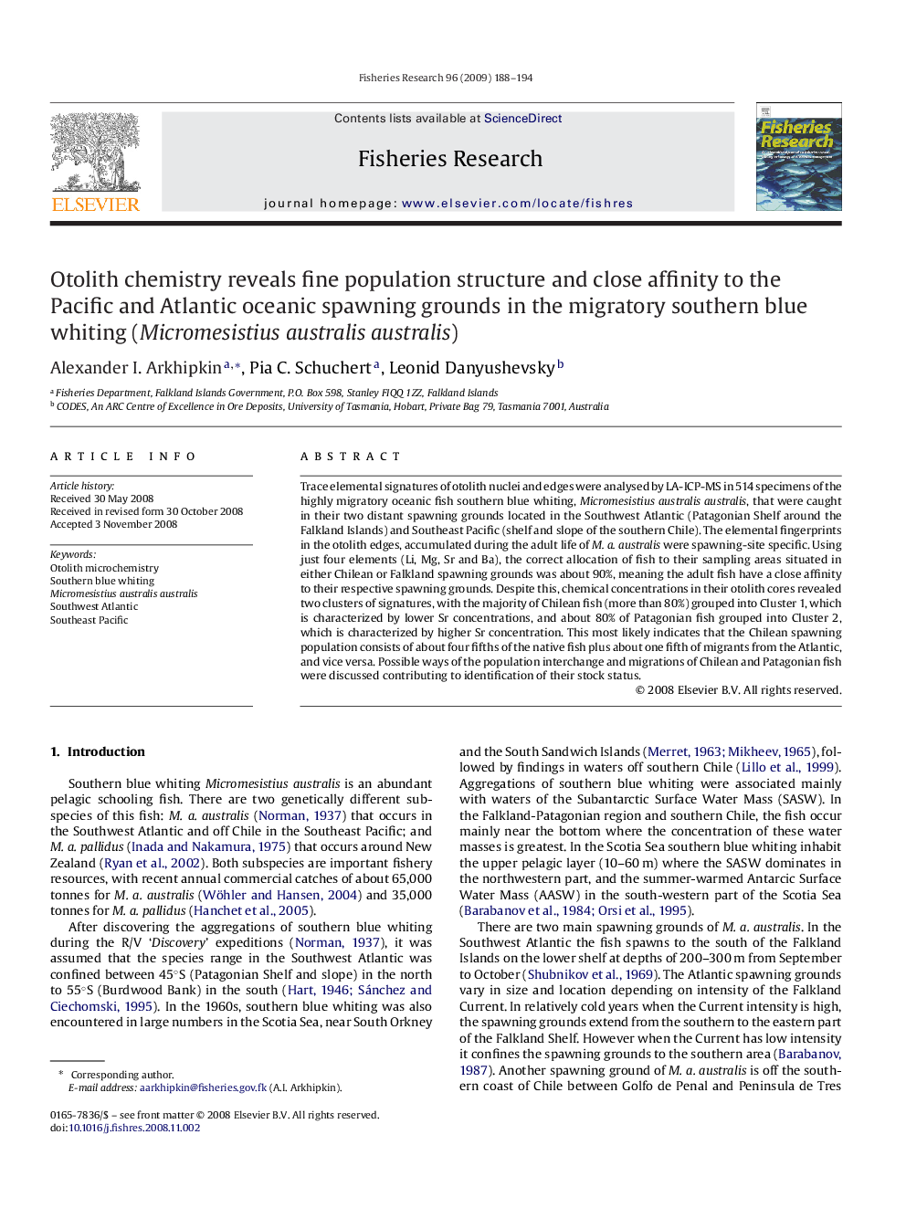 Otolith chemistry reveals fine population structure and close affinity to the Pacific and Atlantic oceanic spawning grounds in the migratory southern blue whiting (Micromesistius australis australis)