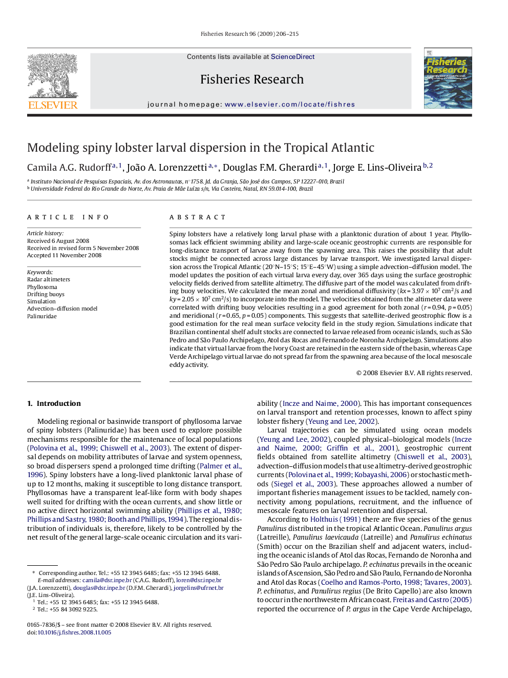 Modeling spiny lobster larval dispersion in the Tropical Atlantic