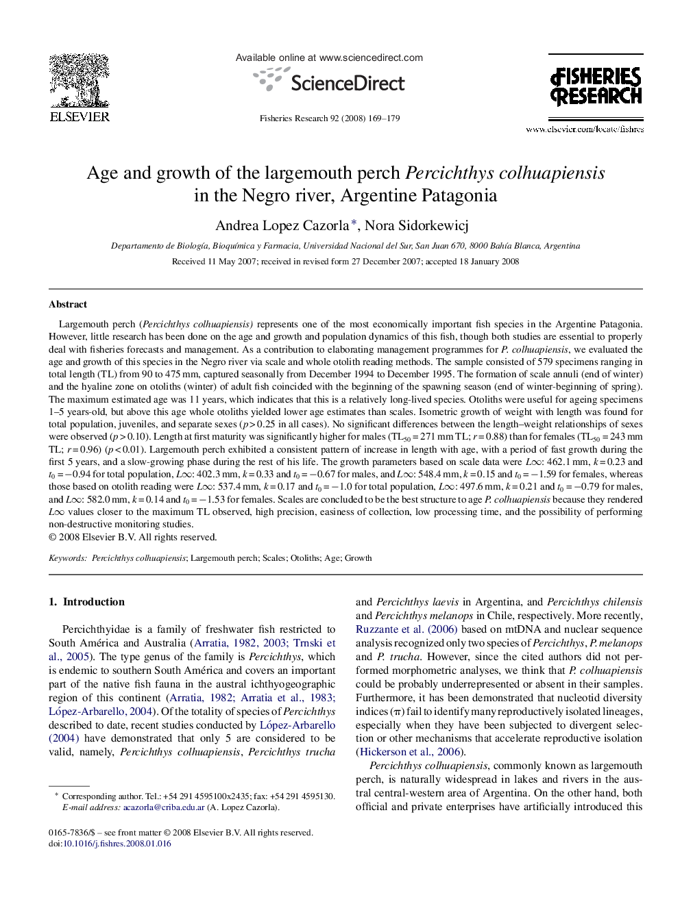 Age and growth of the largemouth perch Percichthys colhuapiensis in the Negro river, Argentine Patagonia