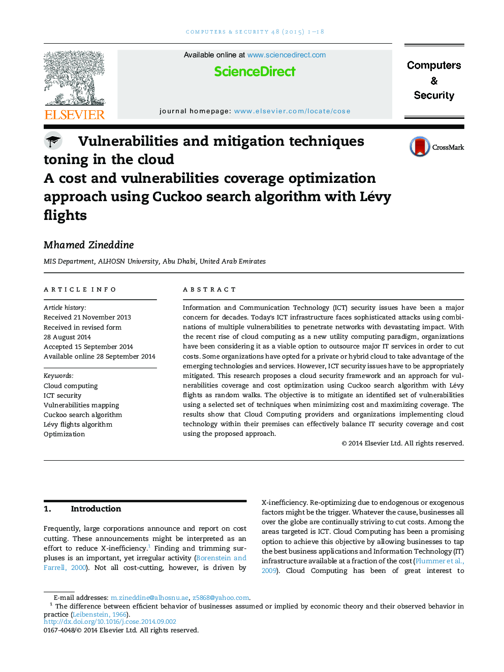 Vulnerabilities and mitigation techniques toning in the cloud: A cost and vulnerabilities coverage optimization approach using Cuckoo search algorithm with Lévy flights