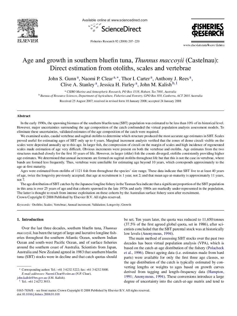 Age and growth in southern bluefin tuna, Thunnus maccoyii (Castelnau): Direct estimation from otoliths, scales and vertebrae