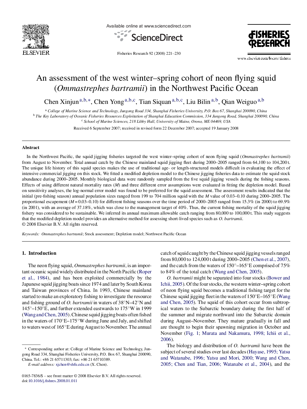 An assessment of the west winter–spring cohort of neon flying squid (Ommastrephes bartramii) in the Northwest Pacific Ocean