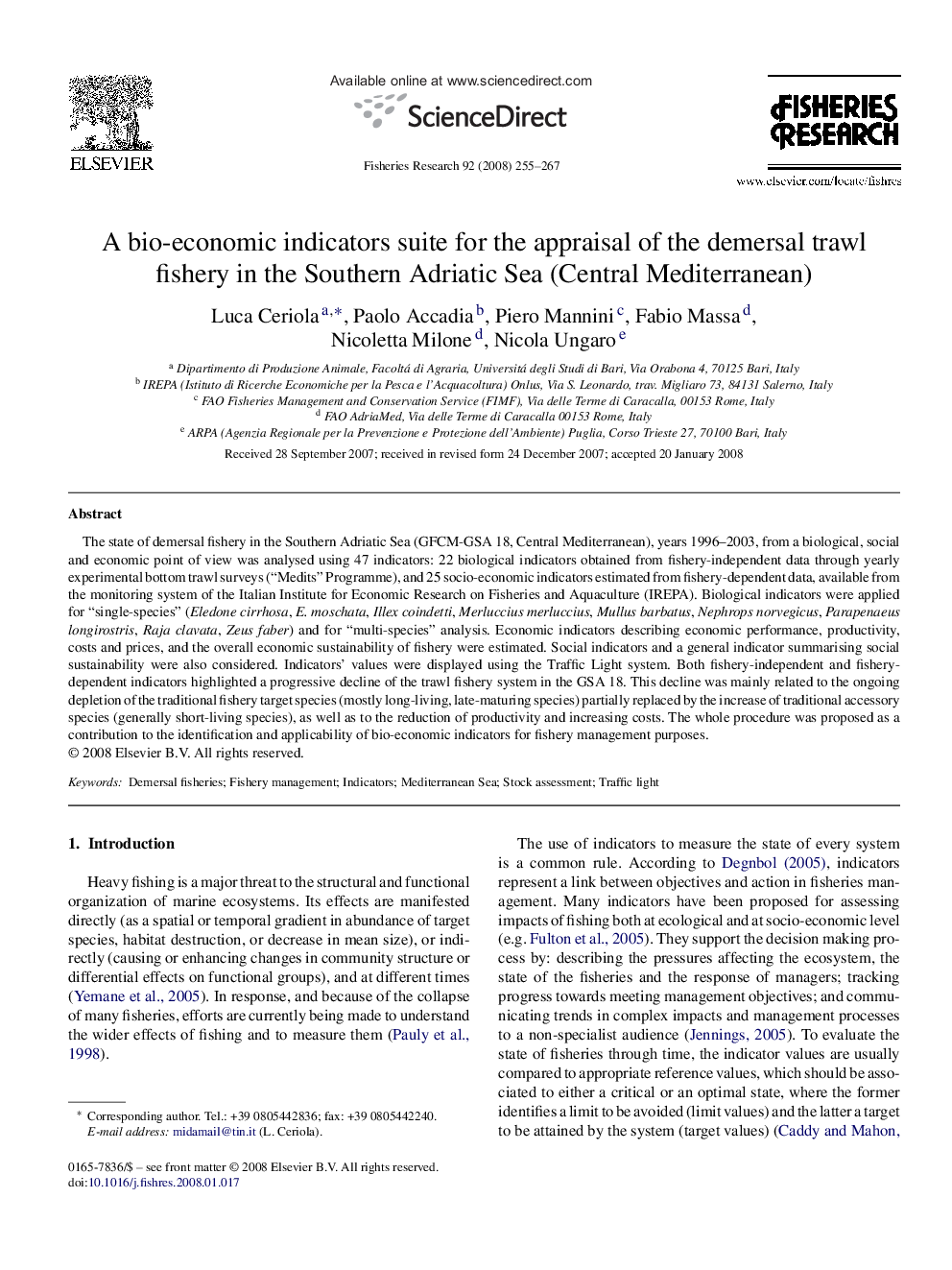 A bio-economic indicators suite for the appraisal of the demersal trawl fishery in the Southern Adriatic Sea (Central Mediterranean)