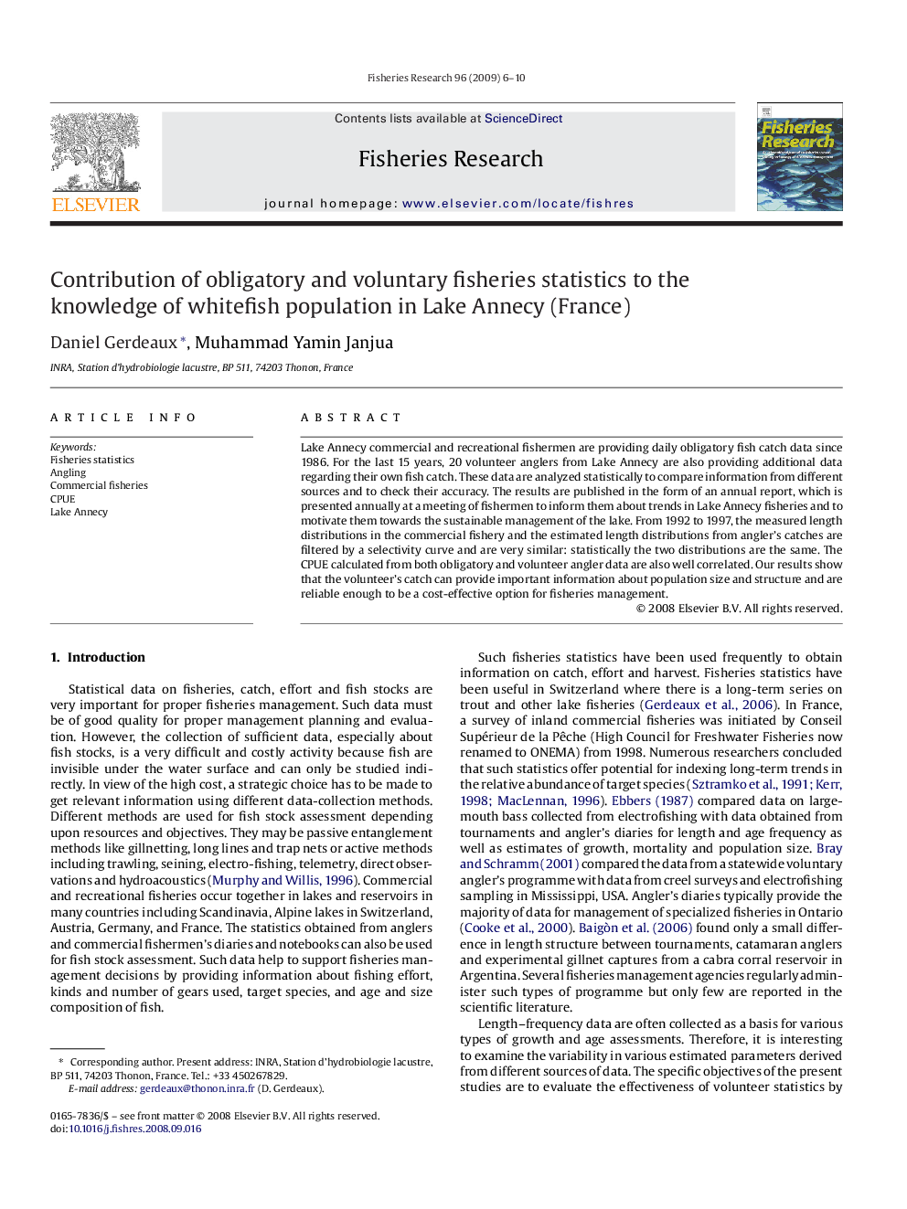 Contribution of obligatory and voluntary fisheries statistics to the knowledge of whitefish population in Lake Annecy (France)