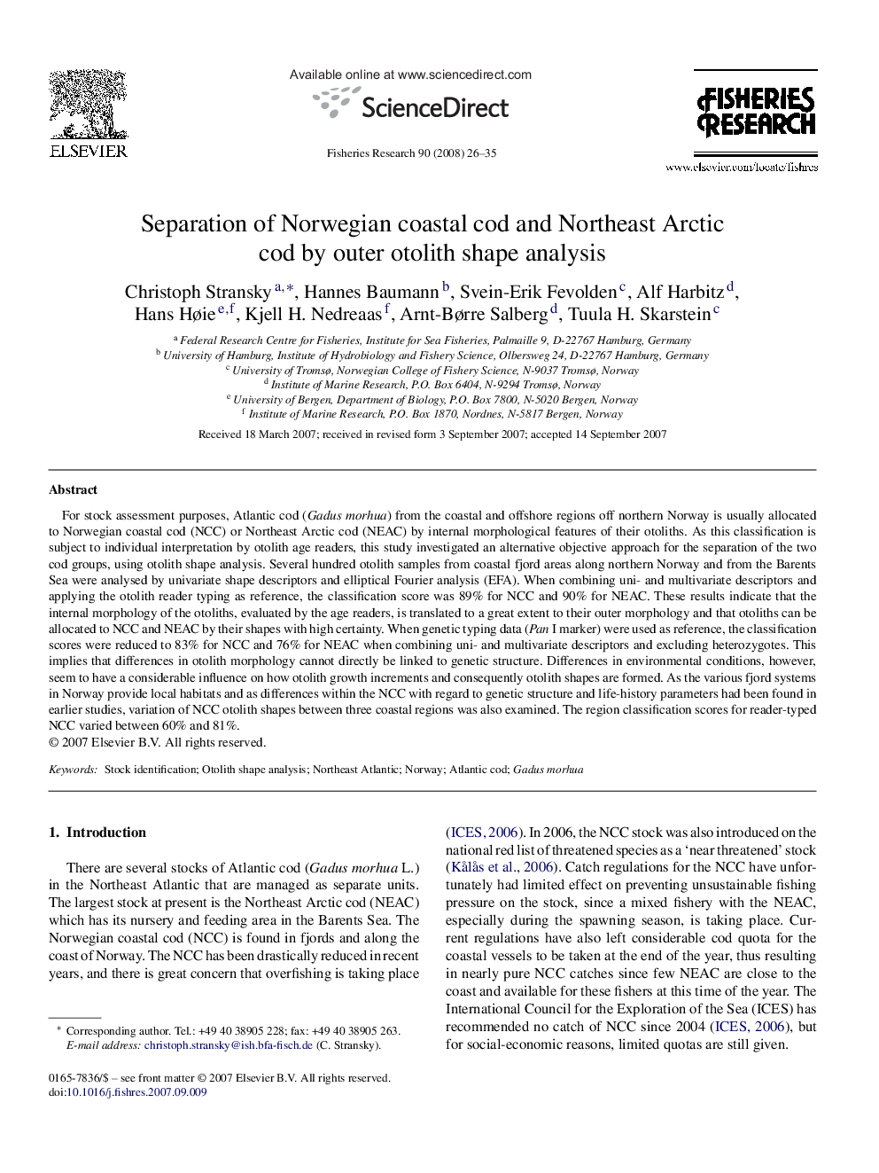 Separation of Norwegian coastal cod and Northeast Arctic cod by outer otolith shape analysis