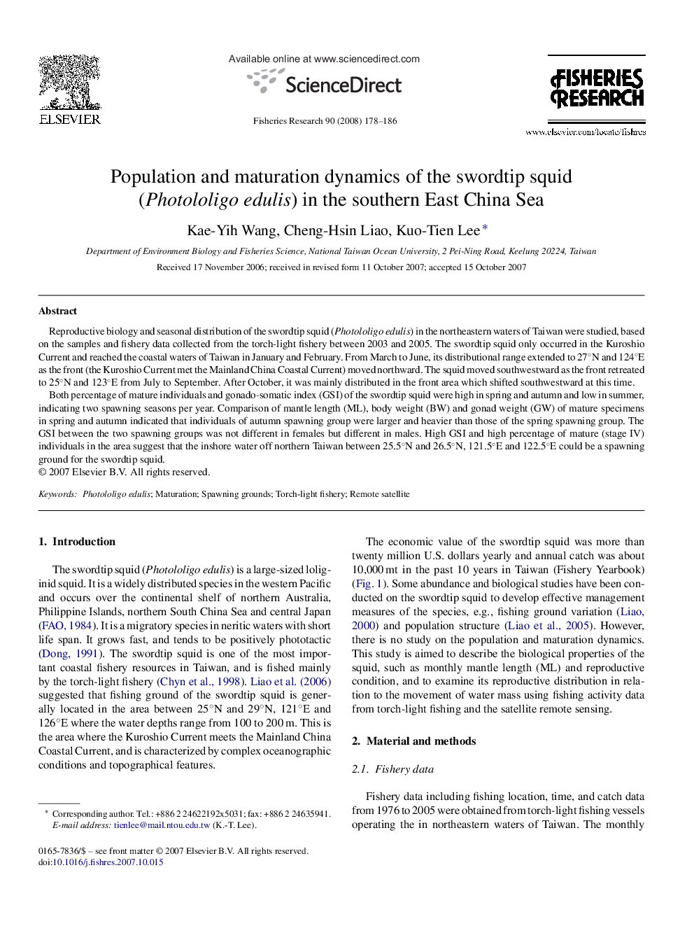 Population and maturation dynamics of the swordtip squid (Photololigo edulis) in the southern East China Sea