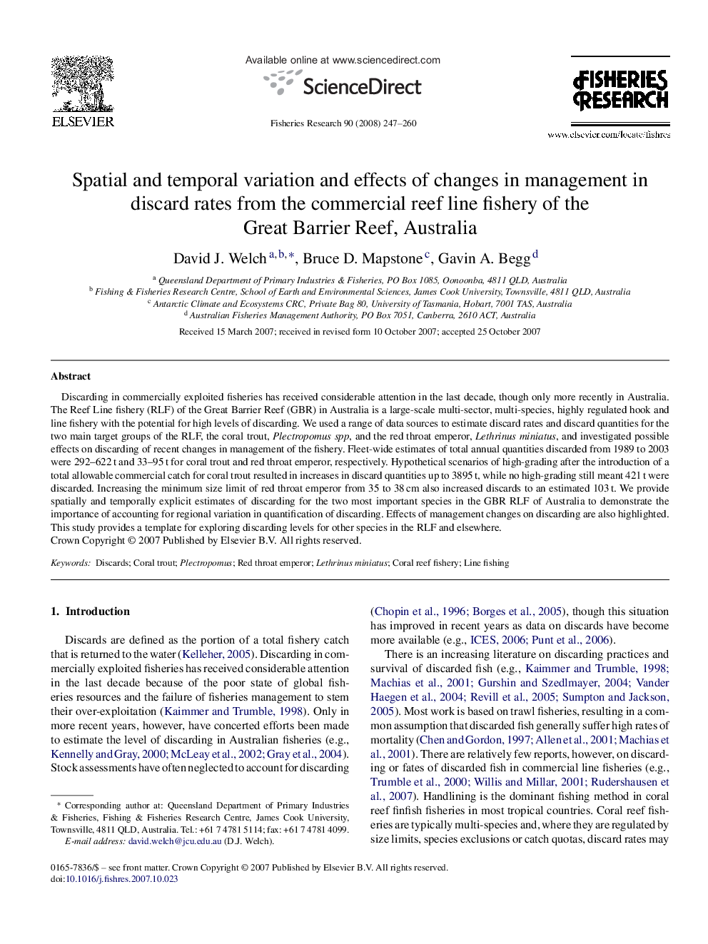 Spatial and temporal variation and effects of changes in management in discard rates from the commercial reef line fishery of the Great Barrier Reef, Australia