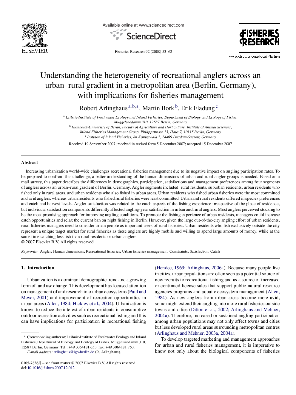 Understanding the heterogeneity of recreational anglers across an urban–rural gradient in a metropolitan area (Berlin, Germany), with implications for fisheries management