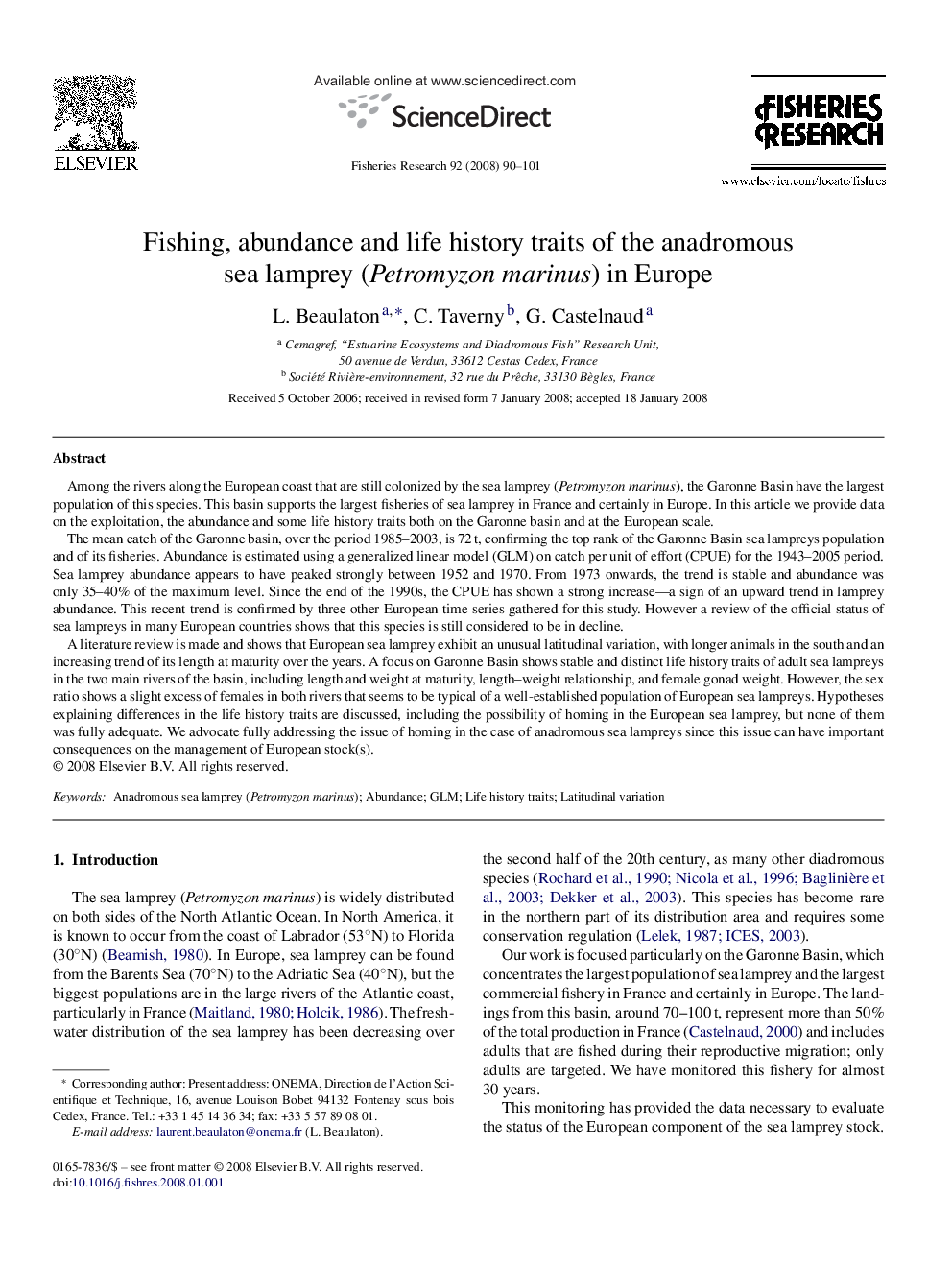 عکس صفحه اول مقاله: Fishing, abundance and life history traits of the anadromous sea lamprey (Petromyzon marinus) in Europe Fishing, abundance and life history traits of the anadromous sea lamprey (Petromyzon marinus) in Europe