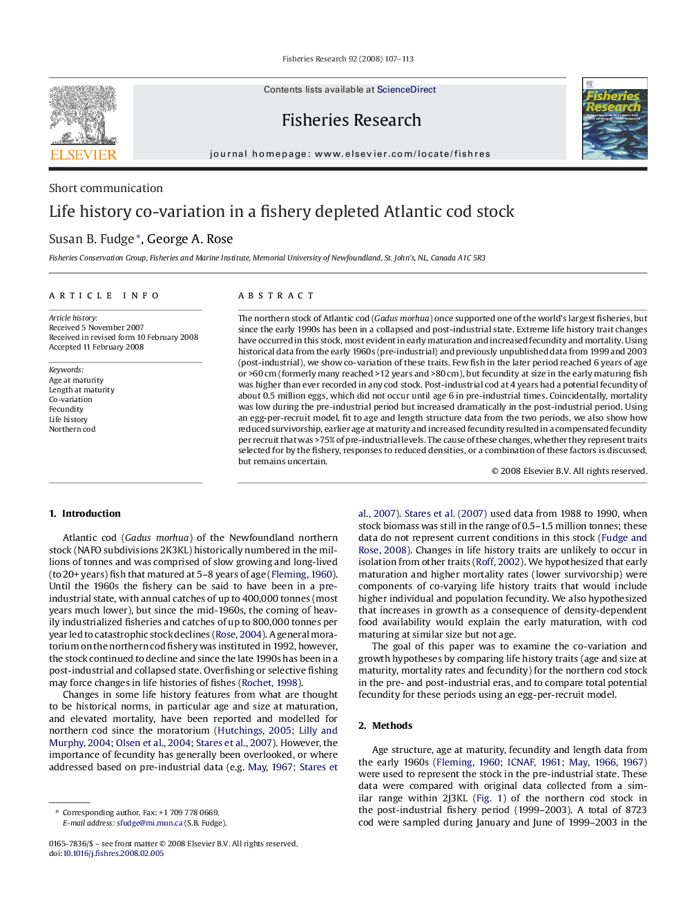 Life history co-variation in a fishery depleted Atlantic cod stock