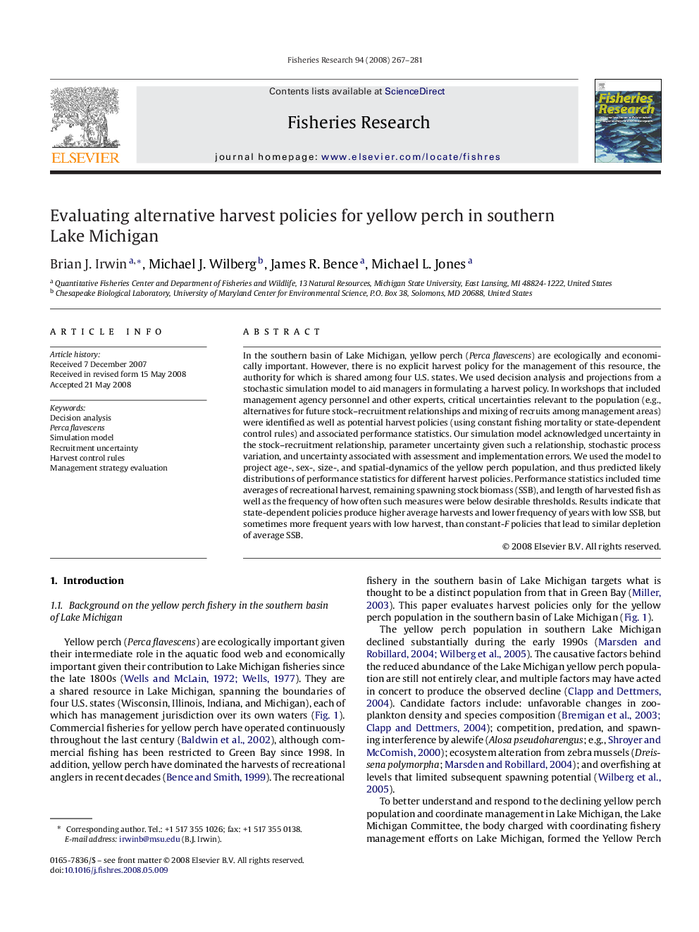 Evaluating alternative harvest policies for yellow perch in southern Lake Michigan