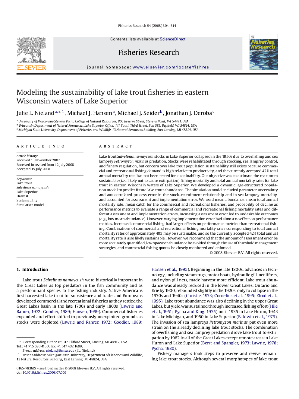 Modeling the sustainability of lake trout fisheries in eastern Wisconsin waters of Lake Superior