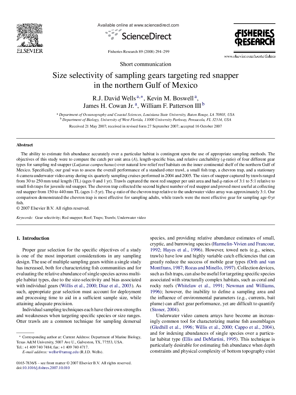 Size selectivity of sampling gears targeting red snapper in the northern Gulf of Mexico