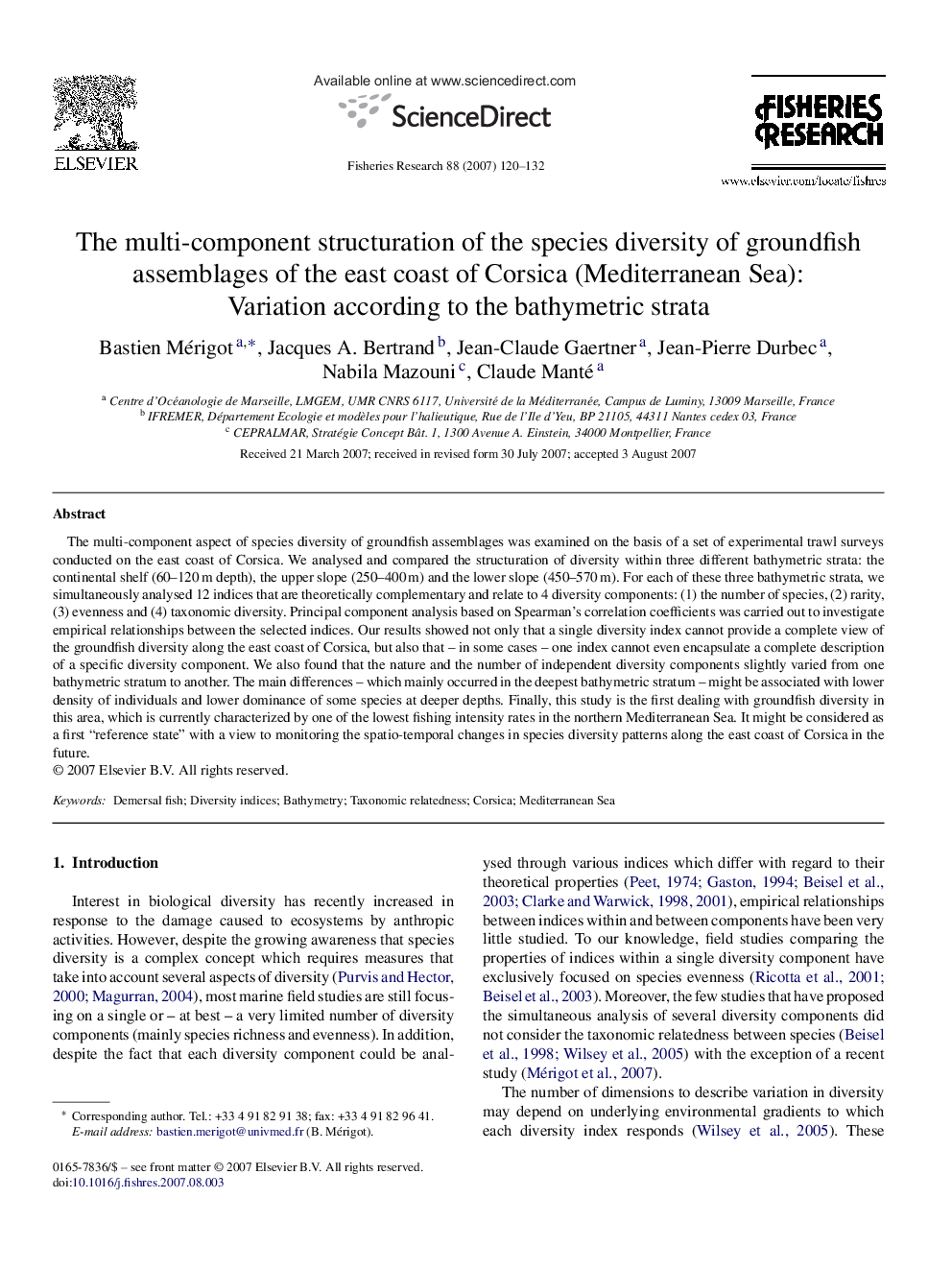 The multi-component structuration of the species diversity of groundfish assemblages of the east coast of Corsica (Mediterranean Sea): Variation according to the bathymetric strata