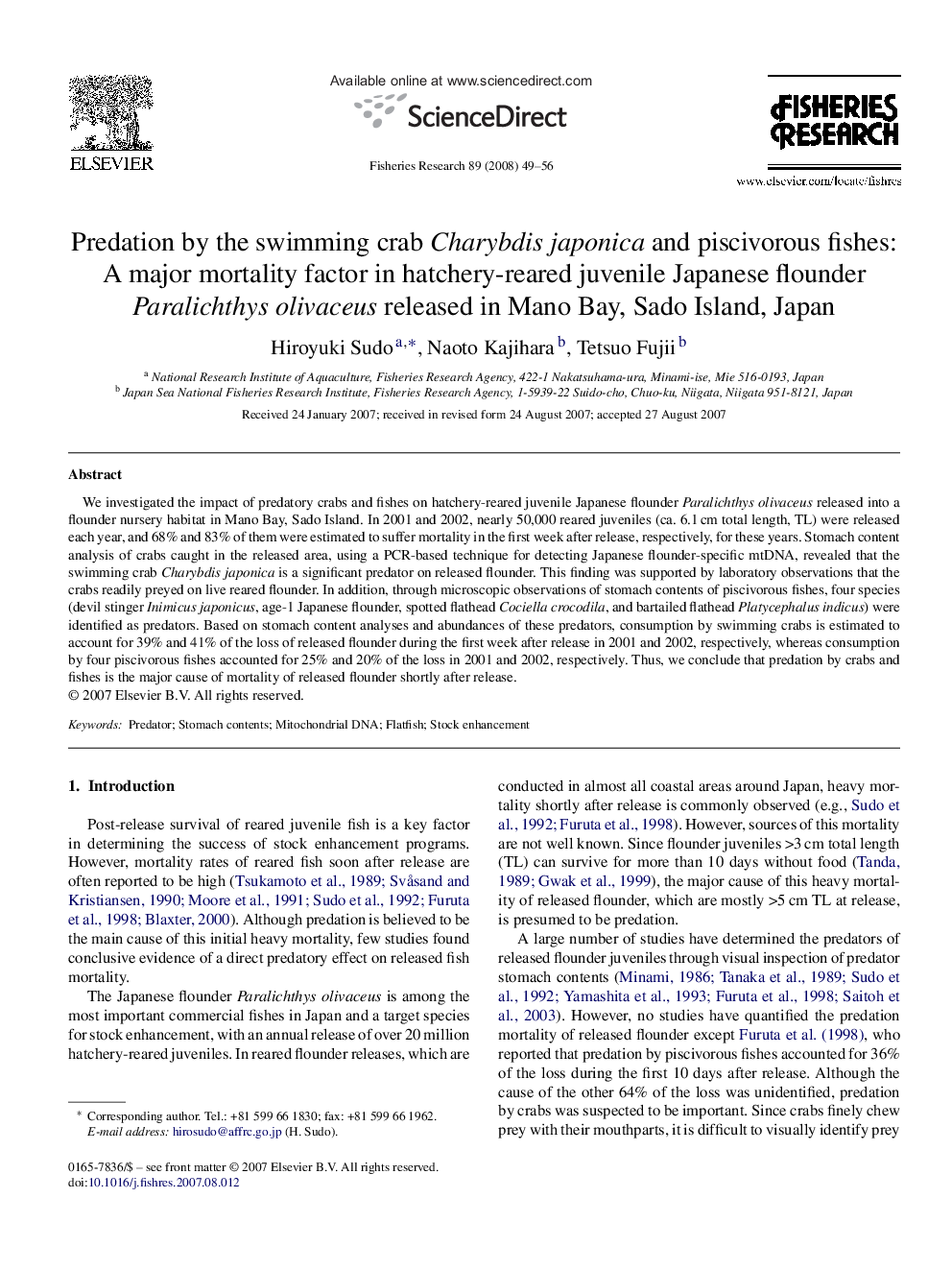 Predation by the swimming crab Charybdis japonica and piscivorous fishes: A major mortality factor in hatchery-reared juvenile Japanese flounder Paralichthys olivaceus released in Mano Bay, Sado Island, Japan