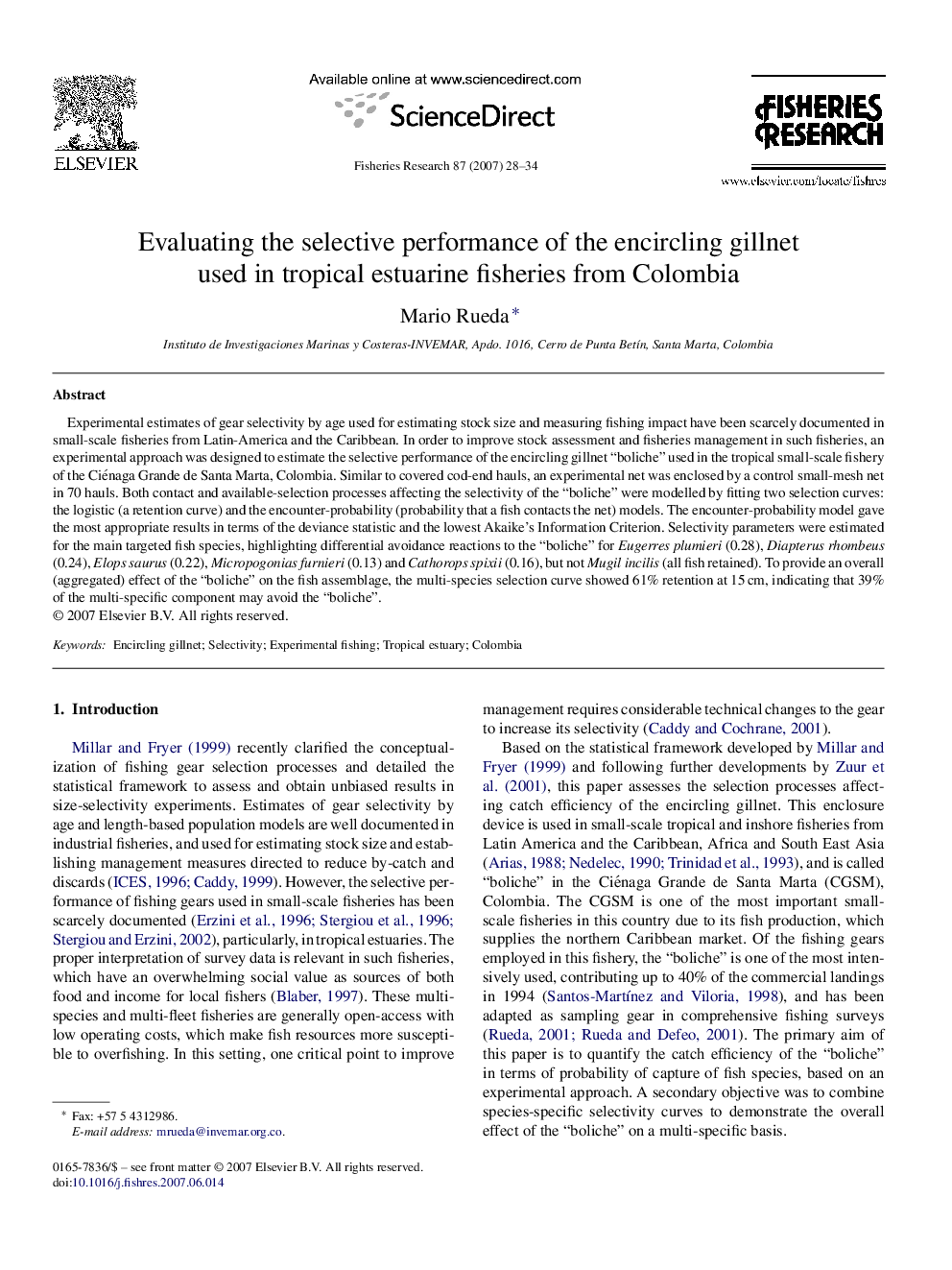 Evaluating the selective performance of the encircling gillnet used in tropical estuarine fisheries from Colombia