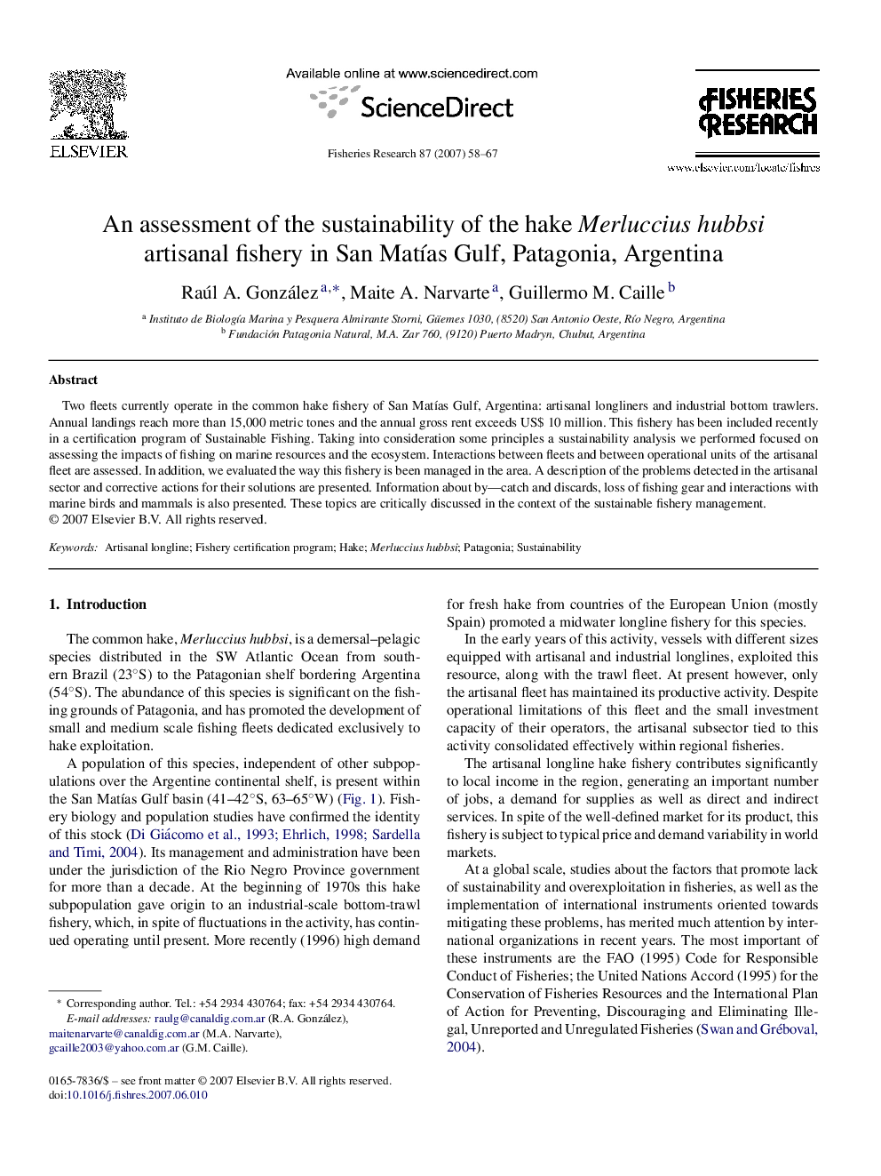 An assessment of the sustainability of the hake Merluccius hubbsi artisanal fishery in San Matías Gulf, Patagonia, Argentina