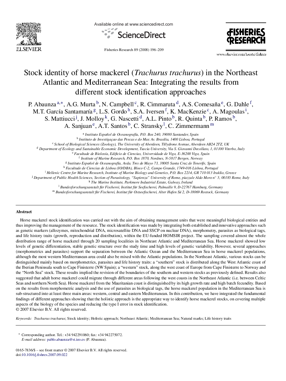 Stock identity of horse mackerel (Trachurus trachurus) in the Northeast Atlantic and Mediterranean Sea: Integrating the results from different stock identification approaches