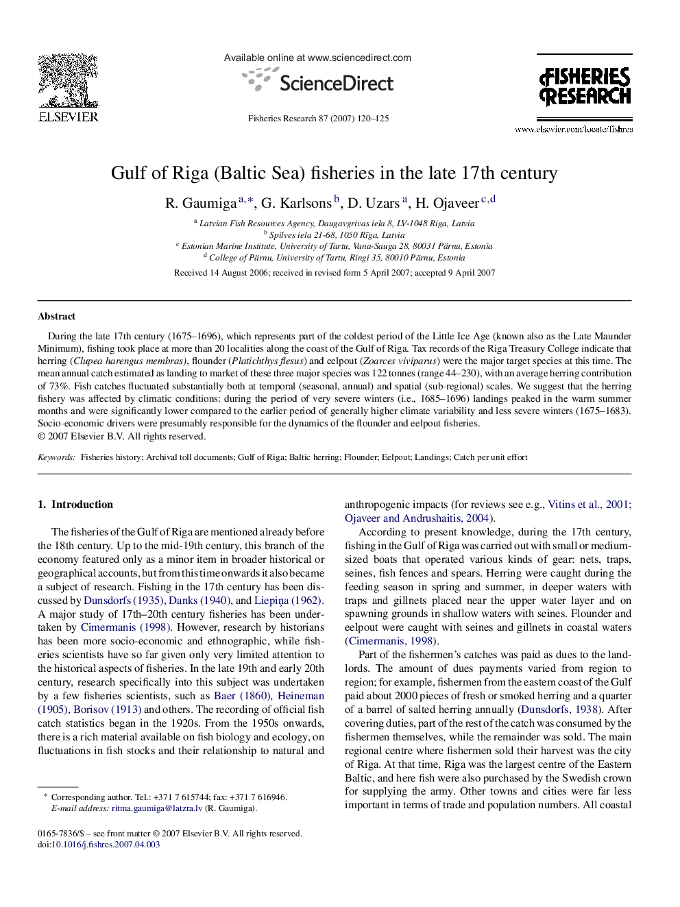 Gulf of Riga (Baltic Sea) fisheries in the late 17th century