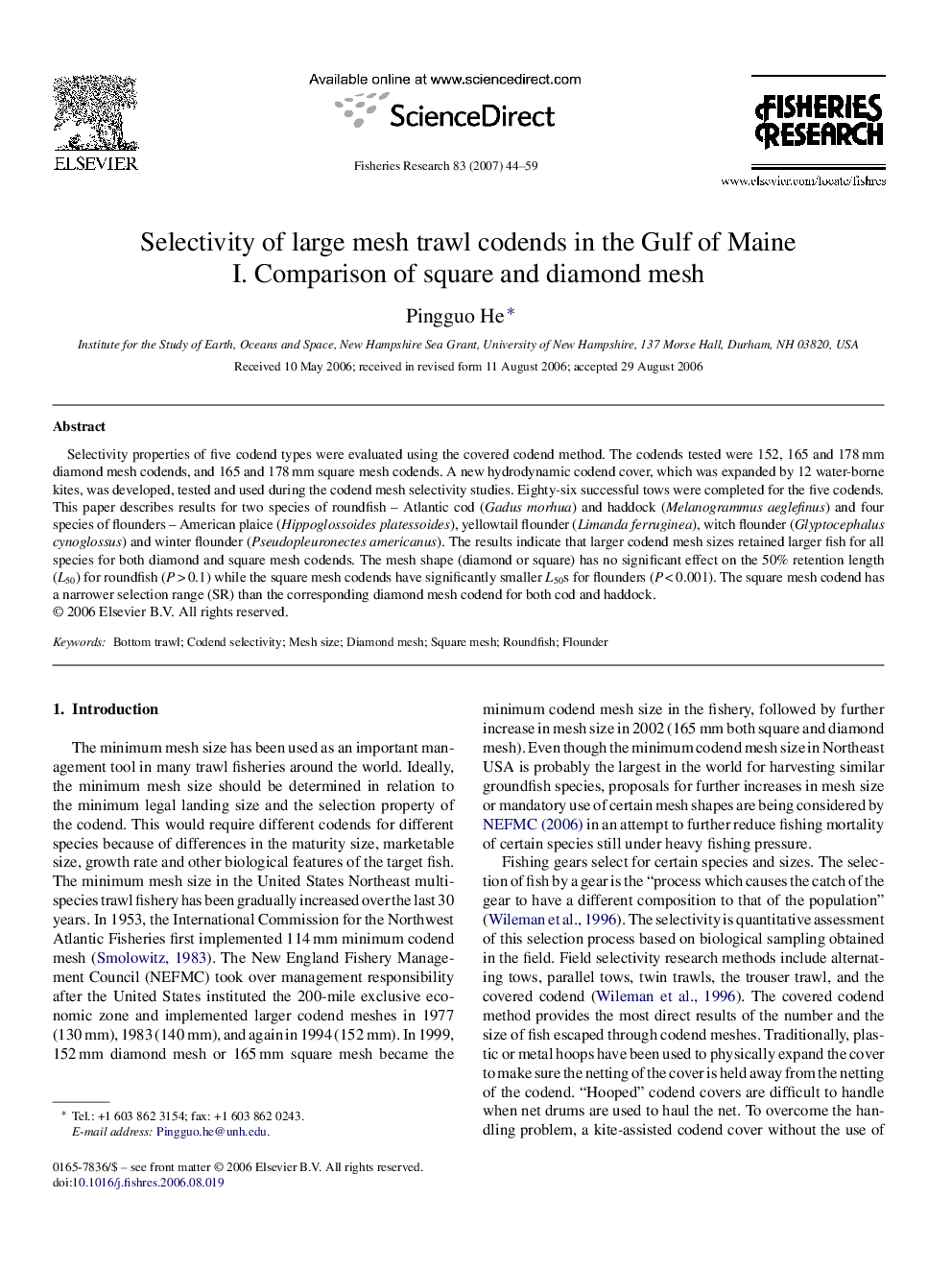 Selectivity of large mesh trawl codends in the Gulf of Maine: I. Comparison of square and diamond mesh