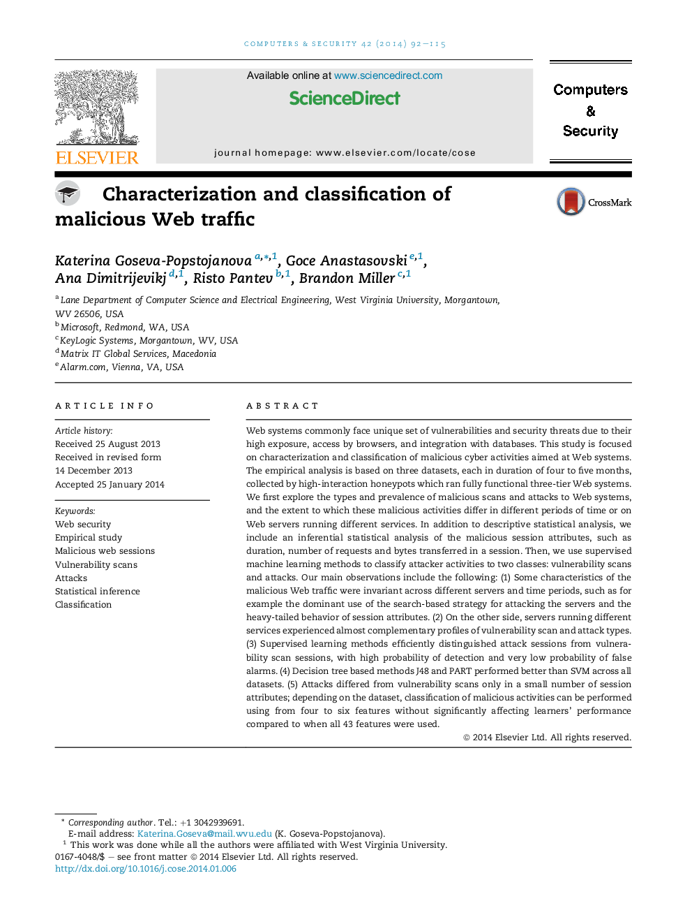 Characterization and classification of malicious Web traffic