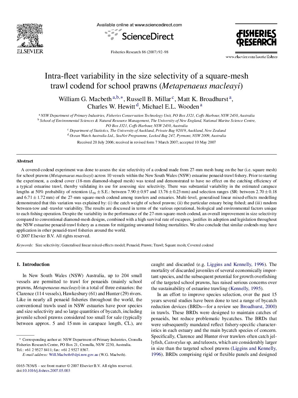 Intra-fleet variability in the size selectivity of a square-mesh trawl codend for school prawns (Metapenaeus macleayi)