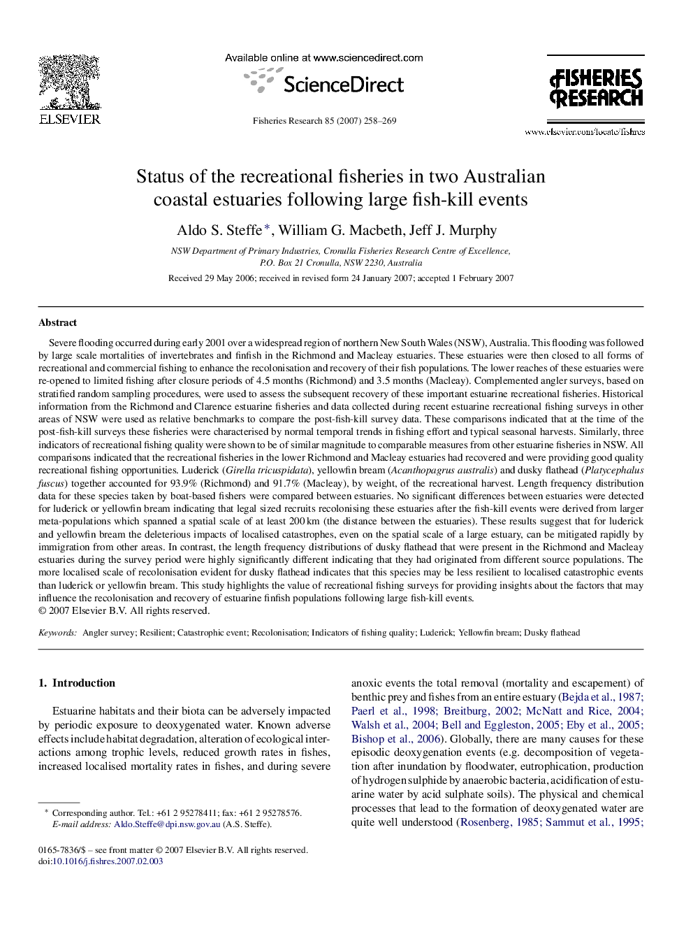 Status of the recreational fisheries in two Australian coastal estuaries following large fish-kill events