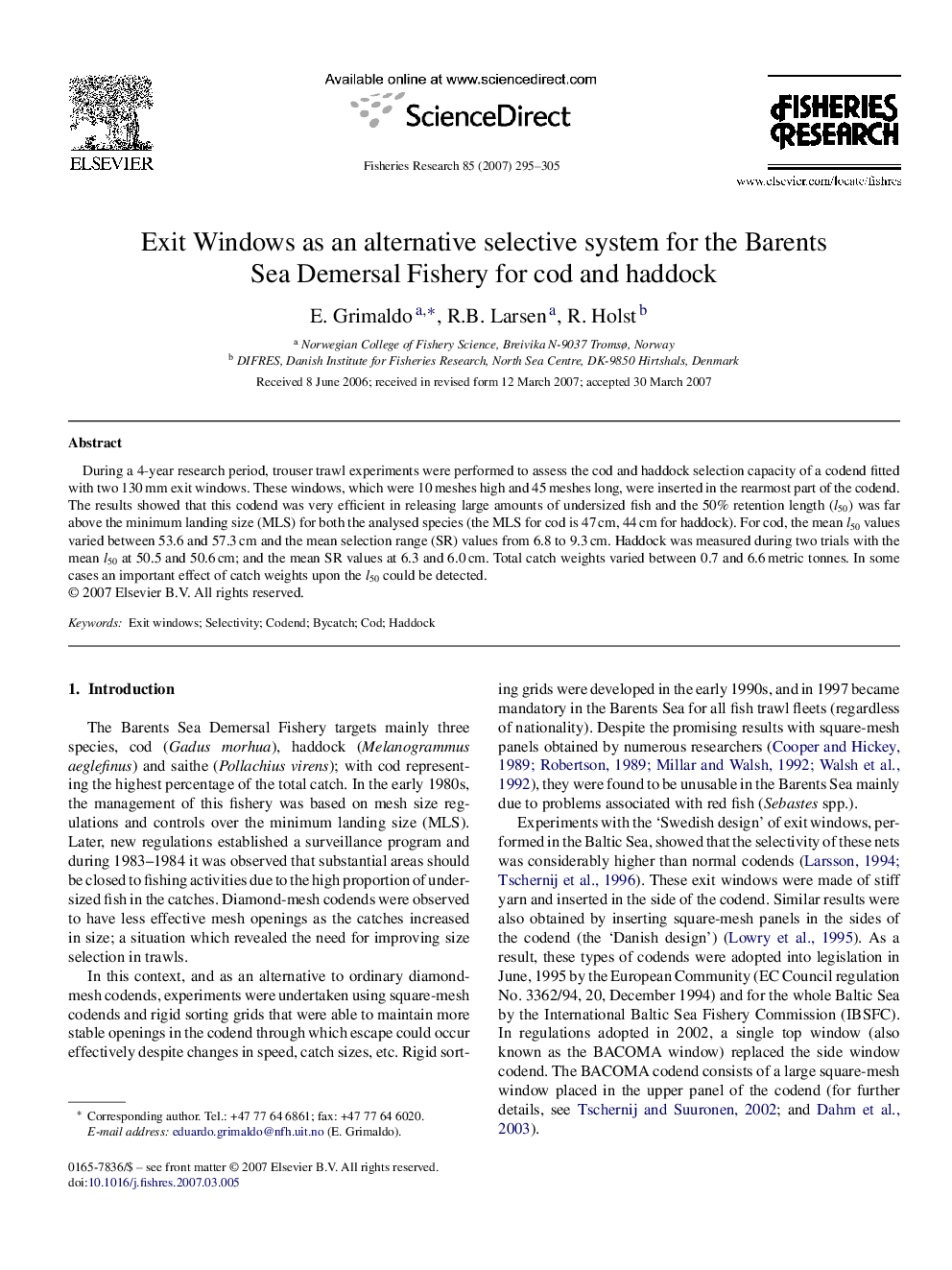 Exit Windows as an alternative selective system for the Barents Sea Demersal Fishery for cod and haddock