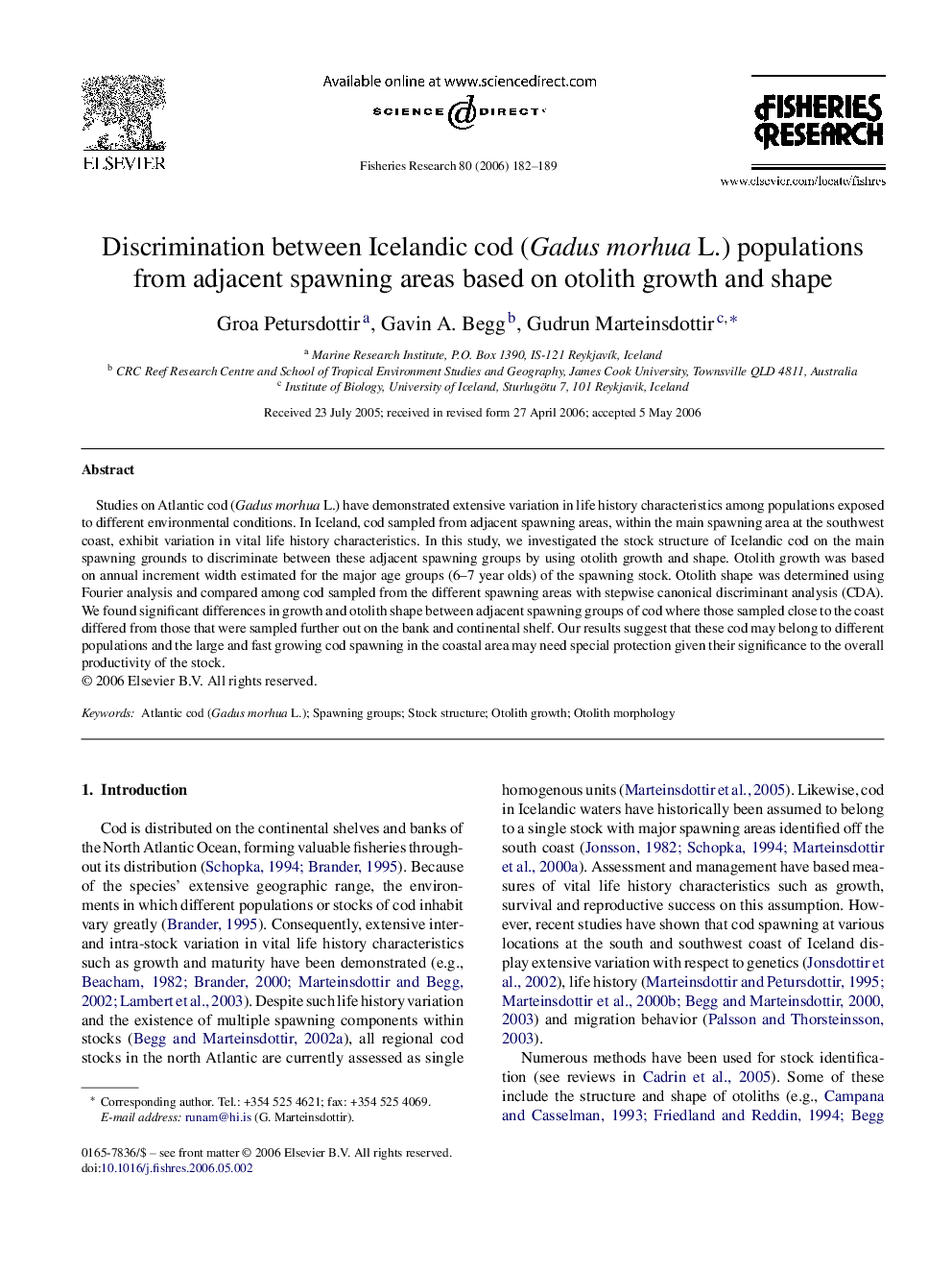 Discrimination between Icelandic cod (Gadus morhua L.) populations from adjacent spawning areas based on otolith growth and shape