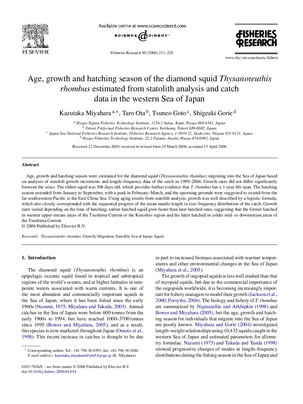 Age, growth and hatching season of the diamond squid Thysanoteuthis rhombus estimated from statolith analysis and catch data in the western Sea of Japan